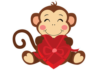 Loving monkey holding a heart-shaped gift