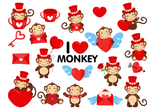 Set of funny valentine monkeys