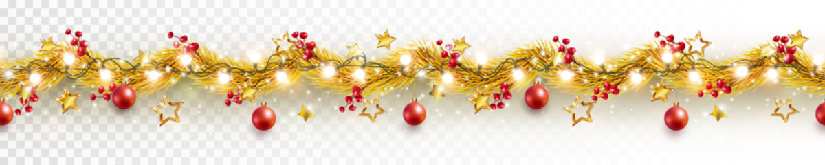 Border with golden fir branches, gold stars, red balls, berries, lights isolated on transparent background. Pine, xmas plants seamless banner. Vector holiday Christmas tree garland decoration © Kindlena