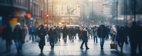 Crowd of people walking on busy street city in motion blur.