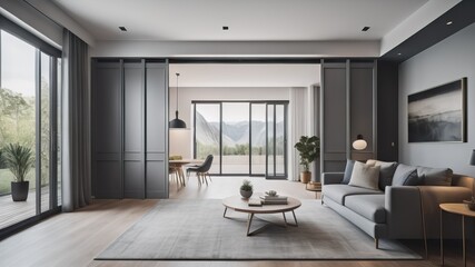 Interior of living room with gray double sliding raised doors against black wall. Modern home design