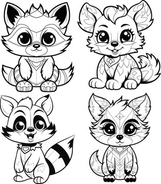 Raccoon cute animal coloring page, vector stock image