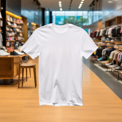 White T-shirt Mockup, Front view, Blurred Store interior on background, Template for graphic design