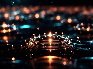 Colorful poke circles or lights reflecting on a black background in the dark.