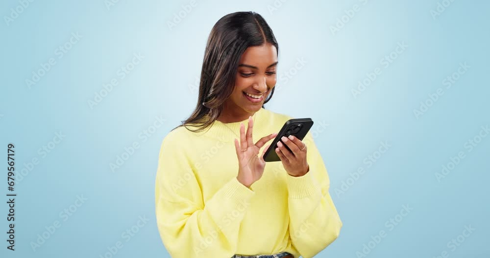 Poster phone, networking and young woman in studio typing message on social media or mobile app. technology