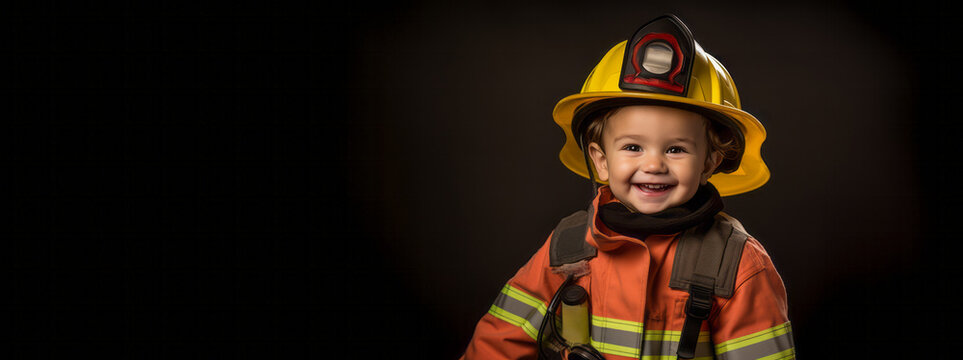 A smiling boy in a firefighter's suit, a future lifeguard. Dark background. Ad backdrop. Ai generative