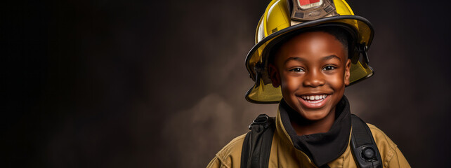 Obraz premium Black Boy smiles, imagines to be a firefighter. Brown background. Future dream profession. Ai generative
