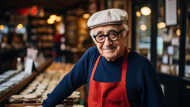 Joyful elderly shopkeeper in front of his bookstore, welcoming