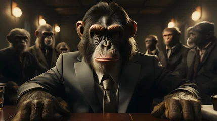 Foto op Canvas monkey businessman in a suit at an office meeting © Alex Bur