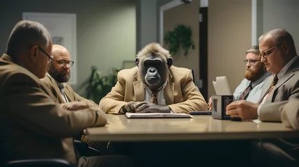 Rolgordijnen monkey businessman in a suit at an office meeting © Alex Bur