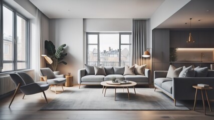  Modern interior design of cozy apartment, living room with gray sofa, armchairs