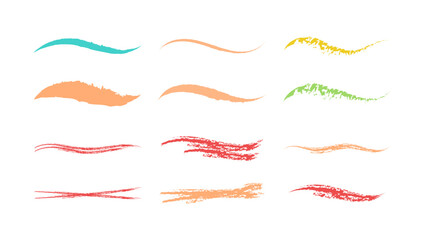 Collection of strikethrough multi colored crayon underlines. different doodle colorful wavy lines emphasis. Horizontal hand drawn marker stripes, brush strokes and arrows. - obrazy, fototapety, plakaty