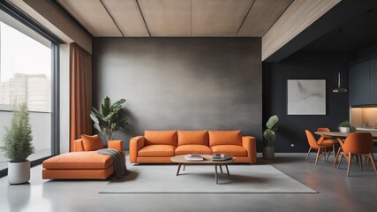 Fototapeta na wymiar Modern interior of living room with orange sofa, flat with black concrete stucco wall and arch door, home design 