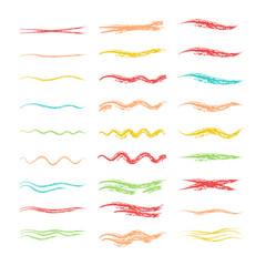 Collection of strikethrough multi colored charcoal crayon underlines. different doodle colorful wavy lines emphasis. Horizontal hand drawn marker stripes, brush strokes and arrows. - obrazy, fototapety, plakaty