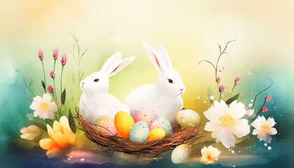 Naklejka na ściany i meble Easter card banner white rabbits in a basket with eggs on a background of flowers