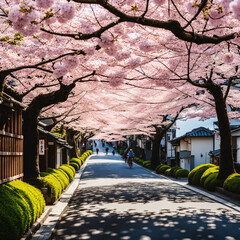 a street with cherry blossoms.Generative AI