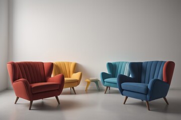 Multicolored armchairs against of white wall