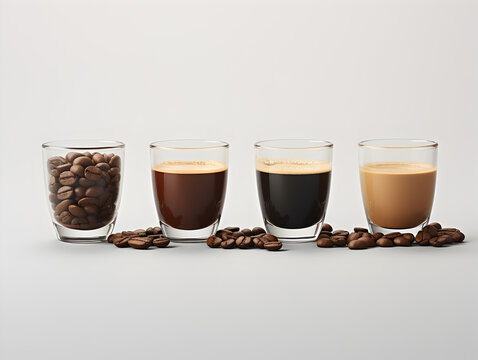 A range of coffee from beans to espresso and latte in clear glasses, showing the brewing process.