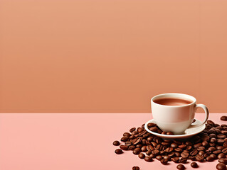 View of a cup of coffee surrounded by scattered roasted beans on a warm background.