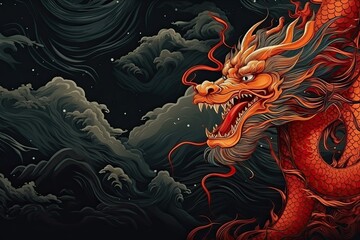 Illustration of a red Dragon on a dark background, in the style of Chinese New Year