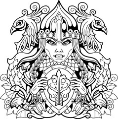 fairytale princess in armor, outline illustration