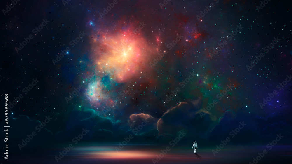 Wall mural space background. astronaut standing on reflection surface with colorful fractal nebula. digital pai