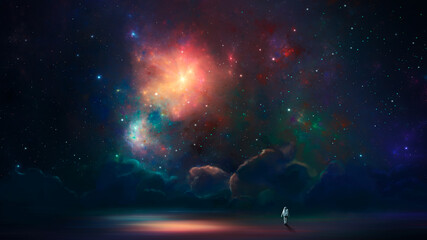 Space background. Astronaut standing on reflection surface with colorful fractal nebula. Digital painting, 3D rendering