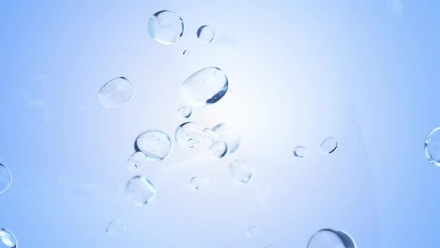 Water bubble element animation. Movement of air bubbles on blue background. Can be used in skin care or Cosmetic industry, 3d render.