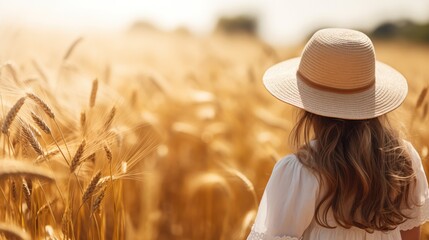 Back view of a girl wearing hat in a ripe wheat field.