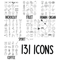 Set of doodles vector icon Workout, Fruit, Human Organ, Sport, Coffee eps10
