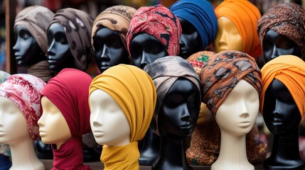 Headcovers, headscarves and wigs on dummy heads at market stall in London, England.

