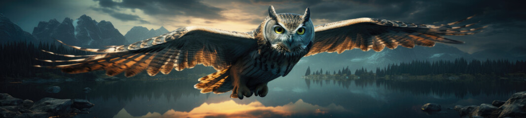 A majestic owl takes flight in the moonlit night, its wings outstretched as it glides over a calm body of water, creating ripples beneath the luminous orb.