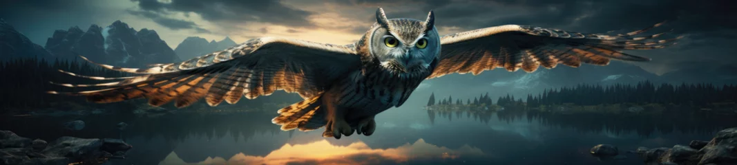 Photo sur Plexiglas Dessins animés de hibou A majestic owl takes flight in the moonlit night, its wings outstretched as it glides over a calm body of water, creating ripples beneath the luminous orb.