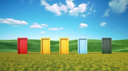 Multi colored abstract opening doors on grassy field on sunny summer day. (3d render).

