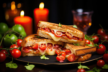 Toasted sandwich with melted cheese and tomato on a dark plate