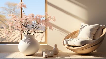 Stylish modern chair and white vase with flowers by a sunny window