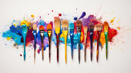 A collection of colorful paintbrushes on a white canvas, with vibrant splashes of paint