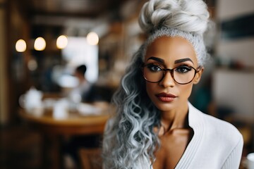 Elegant woman with chic glasses in a cafe setting