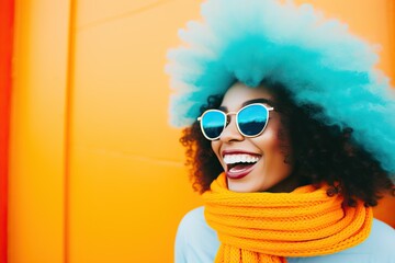Joyful woman with blue afro and sunglasses, radiating happiness against an orange background.