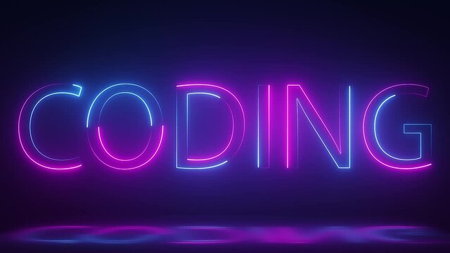 3d render, glowing neon coding text animation on dark background