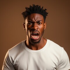 Photo of emotional screaming young black man with closed eyes standing isolated over colorful brown studio background, closeup shot. Human emotions, facial expression concept