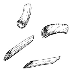 Hand drawn vector ink illustration. Pasta Italian cuisine penne rigatoni traditional dish. Set of single object elements isolated on white. For restaurant, menu, food shop and package, flyer, print.