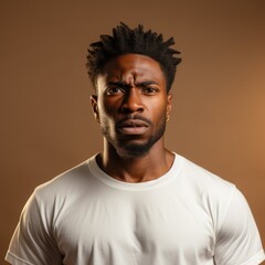 Obraz premium Photo of emotional screaming young black man with closed eyes standing isolated over colorful brown studio background, closeup shot. Human emotions, facial expression concept