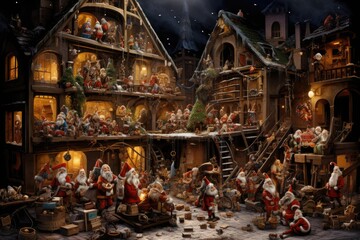 Santa's Workshop, bustling with elves making toys.