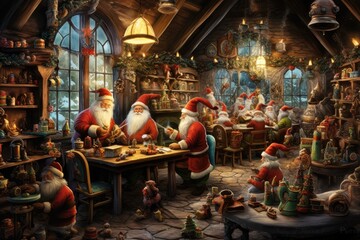 Santa's Workshop, bustling with elves making toys. - obrazy, fototapety, plakaty