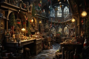 Santa's Workshop, bustling with elves making toys.