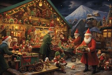 Santa's Workshop, bustling with elves making toys. - obrazy, fototapety, plakaty