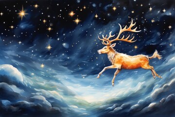 Obraz na płótnie Canvas Reindeer flying gracefully through a starry night sky.