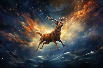 Obraz na płótnie Canvas Reindeer flying gracefully through a starry night sky.