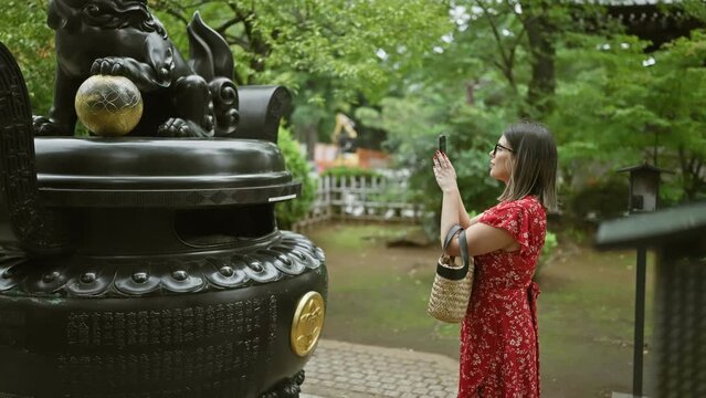 Hispanic woman in glasses captures japan's ancient gotokuji temple beauty with her phone, enjoying her role as a tourist
